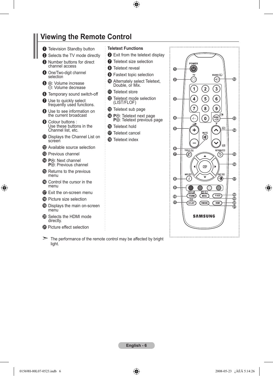 Viewing the remote control | Samsung LE22S81BH User Manual | Page 8 / 58