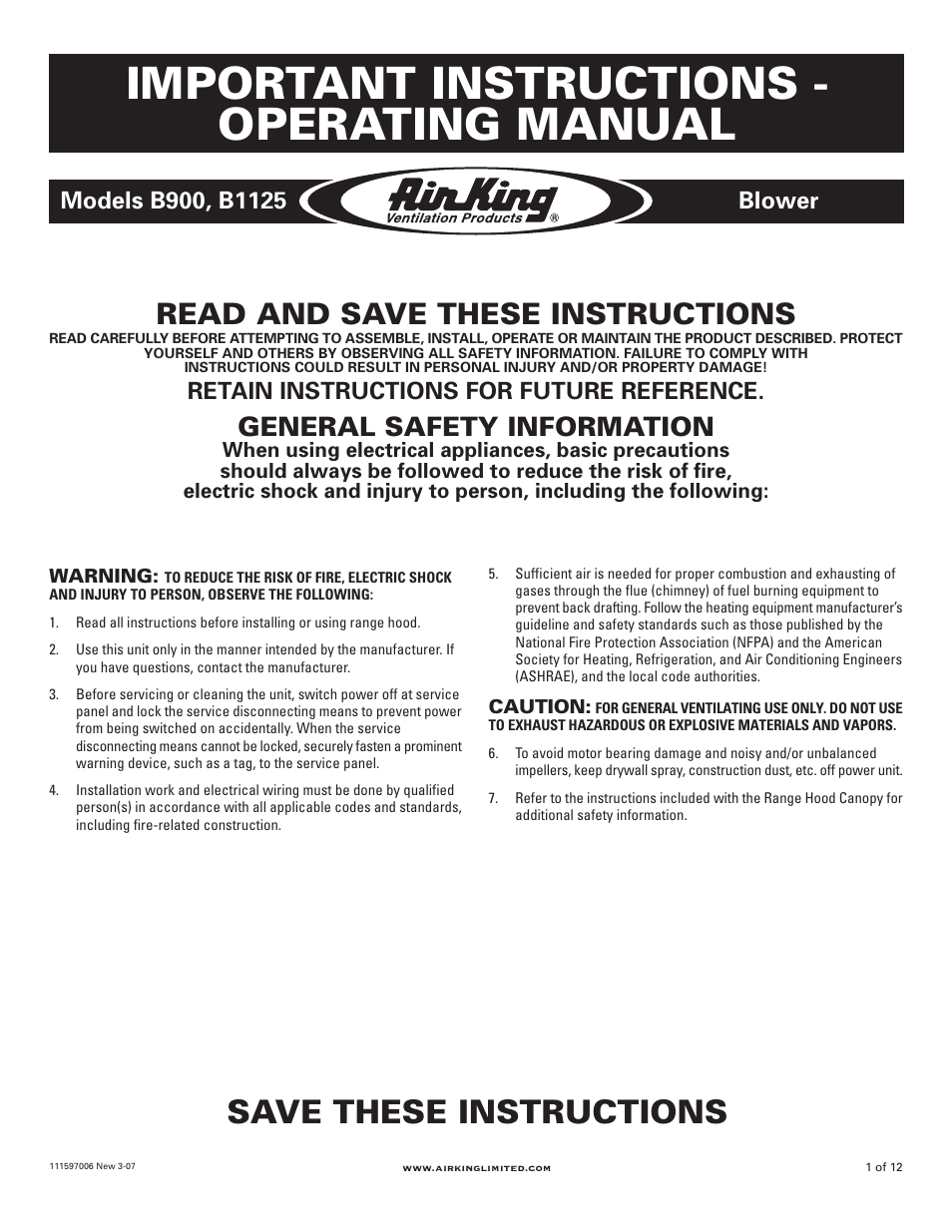 Air King B1125 User Manual | 12 pages