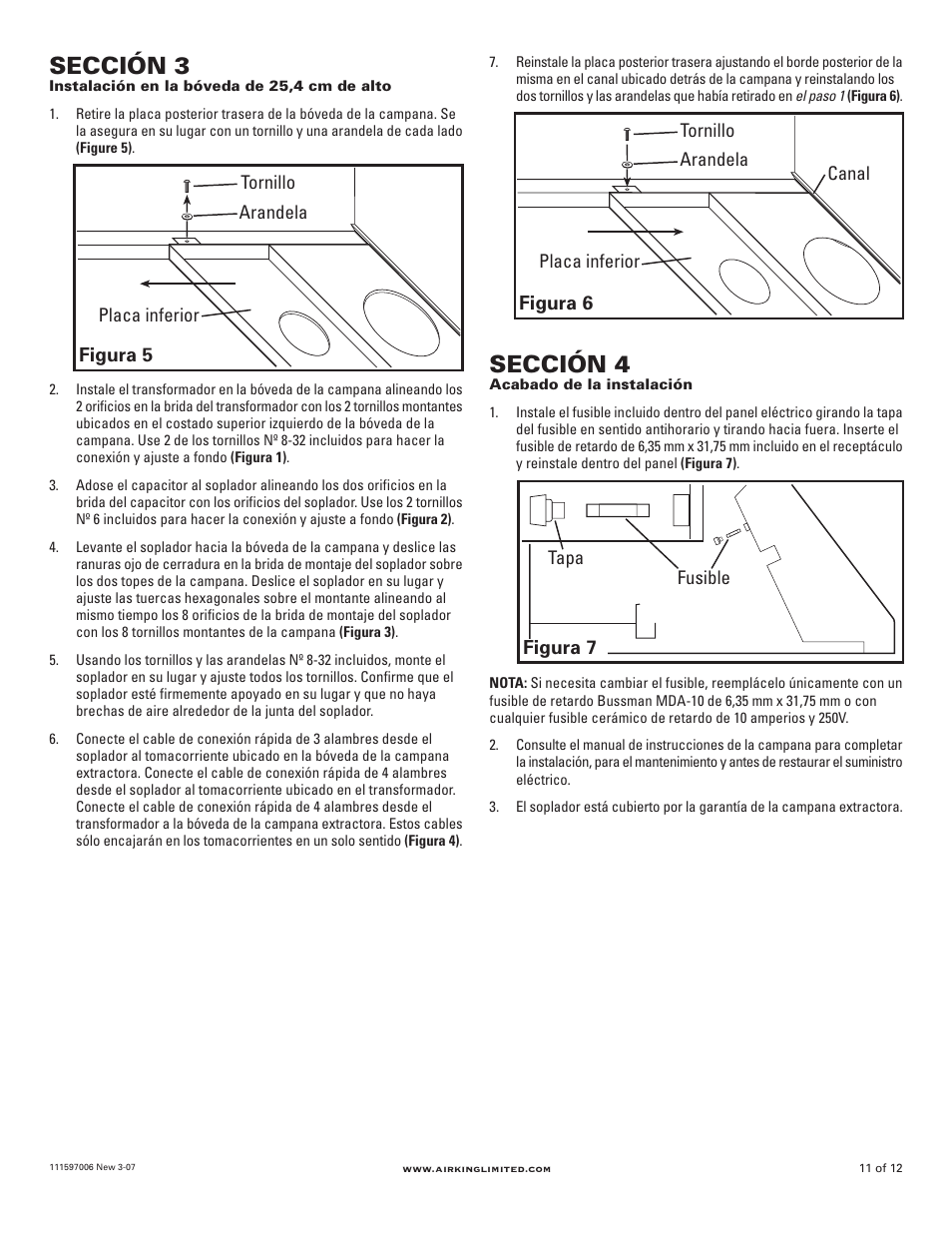 Sección 3, Sección 4, Figura 7 | Figura 6, Figura 5 | Air King B1125 User Manual | Page 11 / 12