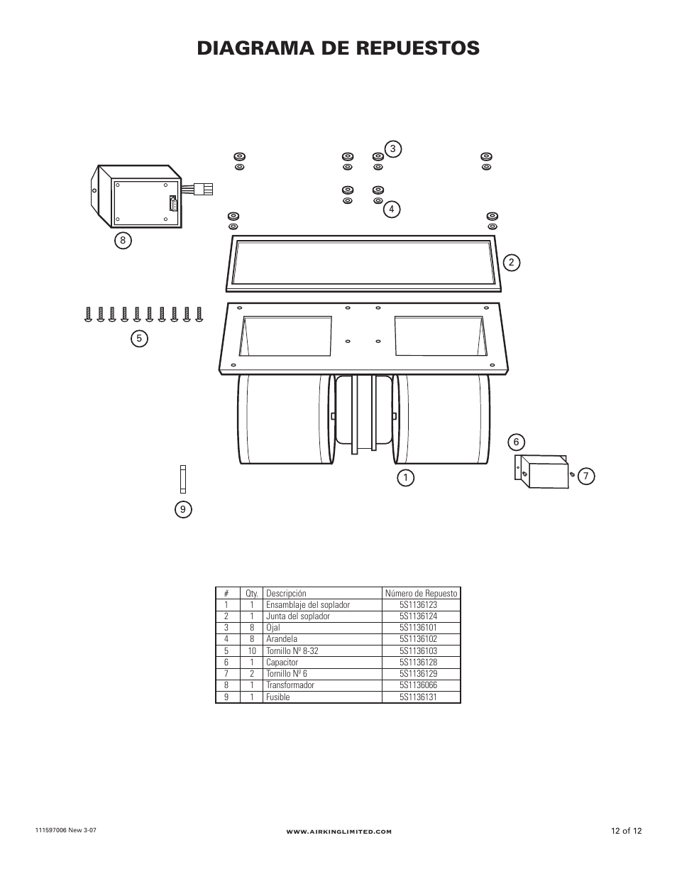 Diagrama de repuestos | Air King B1125 User Manual | Page 12 / 12
