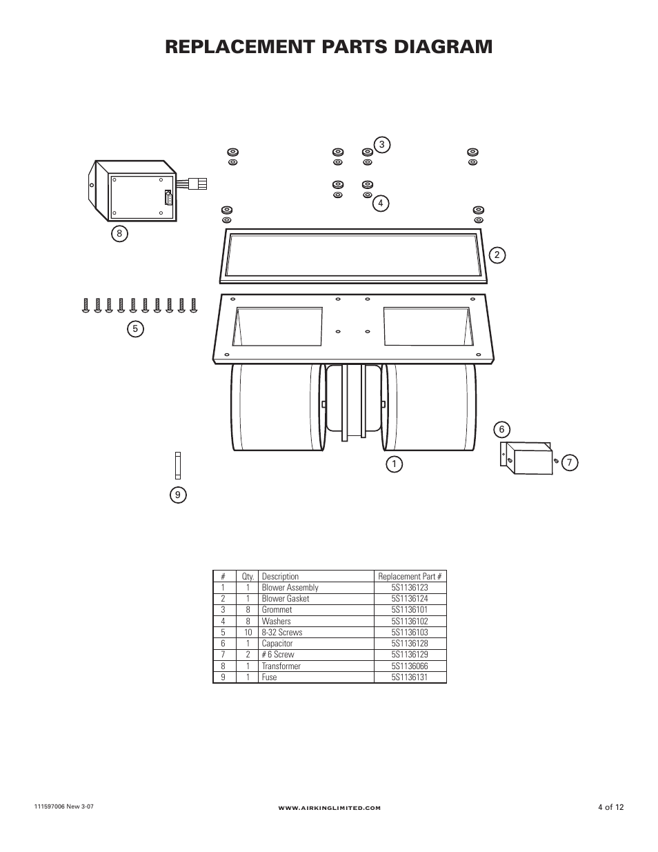 Replacement parts diagram | Air King B1125 User Manual | Page 4 / 12