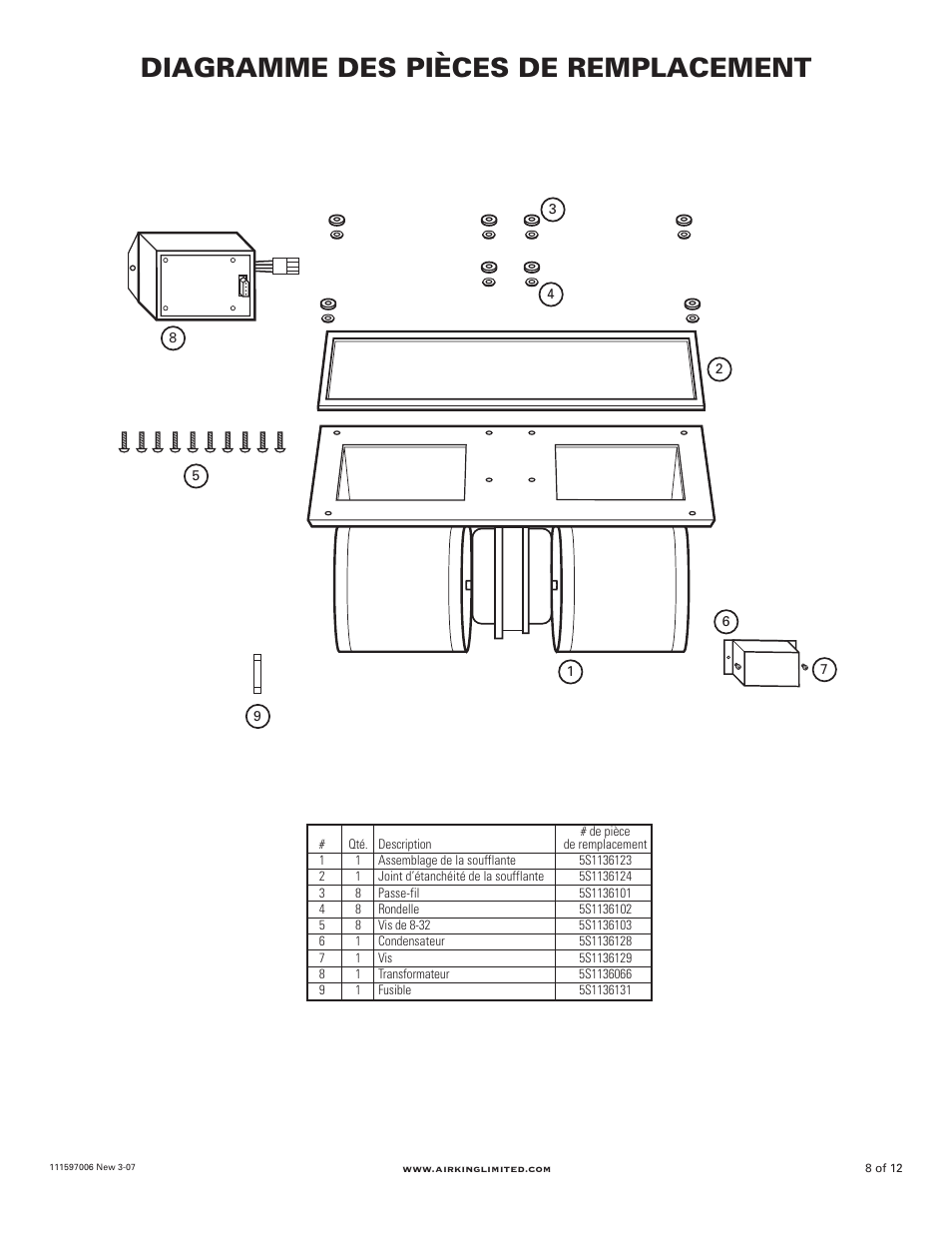 Diagramme des pièces de remplacement | Air King B1125 User Manual | Page 8 / 12