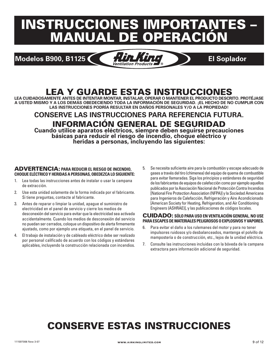 Instrucciones importantes – manual de operación, Conserve estas instrucciones, Lea y guarde estas instrucciones | Información general de seguridad, Conserve las instrucciones para referencia futura | Air King B1125 User Manual | Page 9 / 12