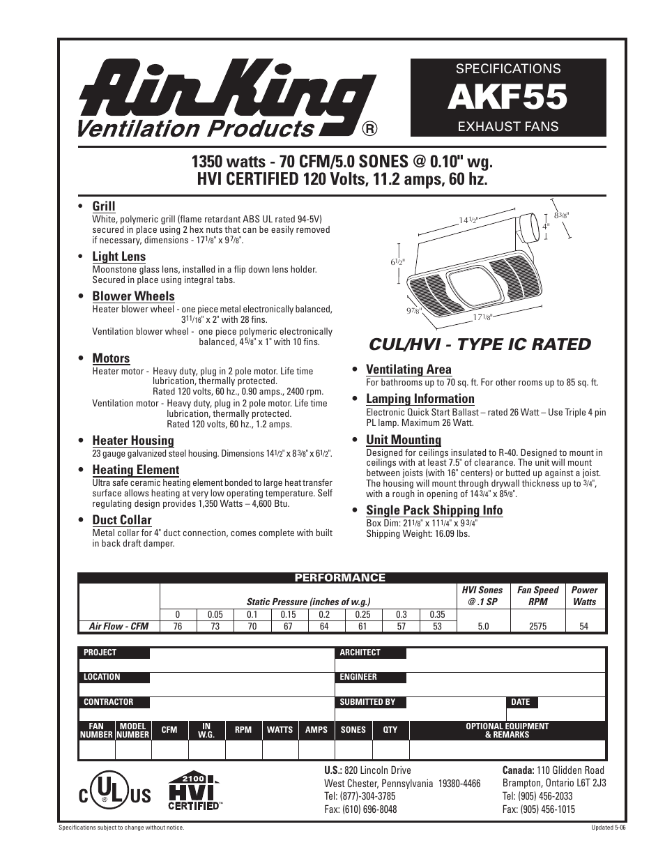 Air King AKF55 User Manual | 1 page