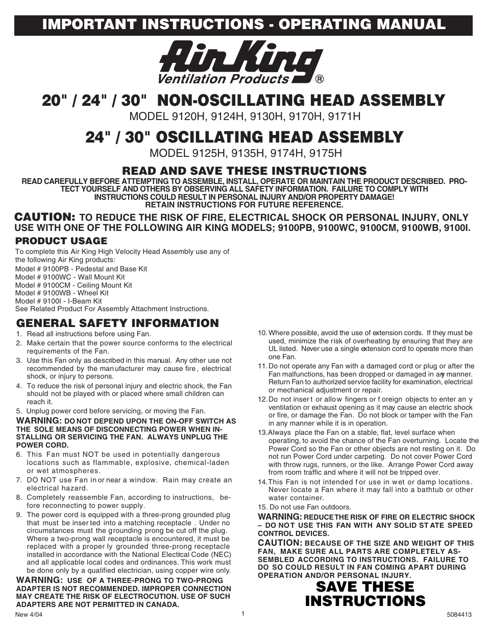 Air King 9174H User Manual | 2 pages