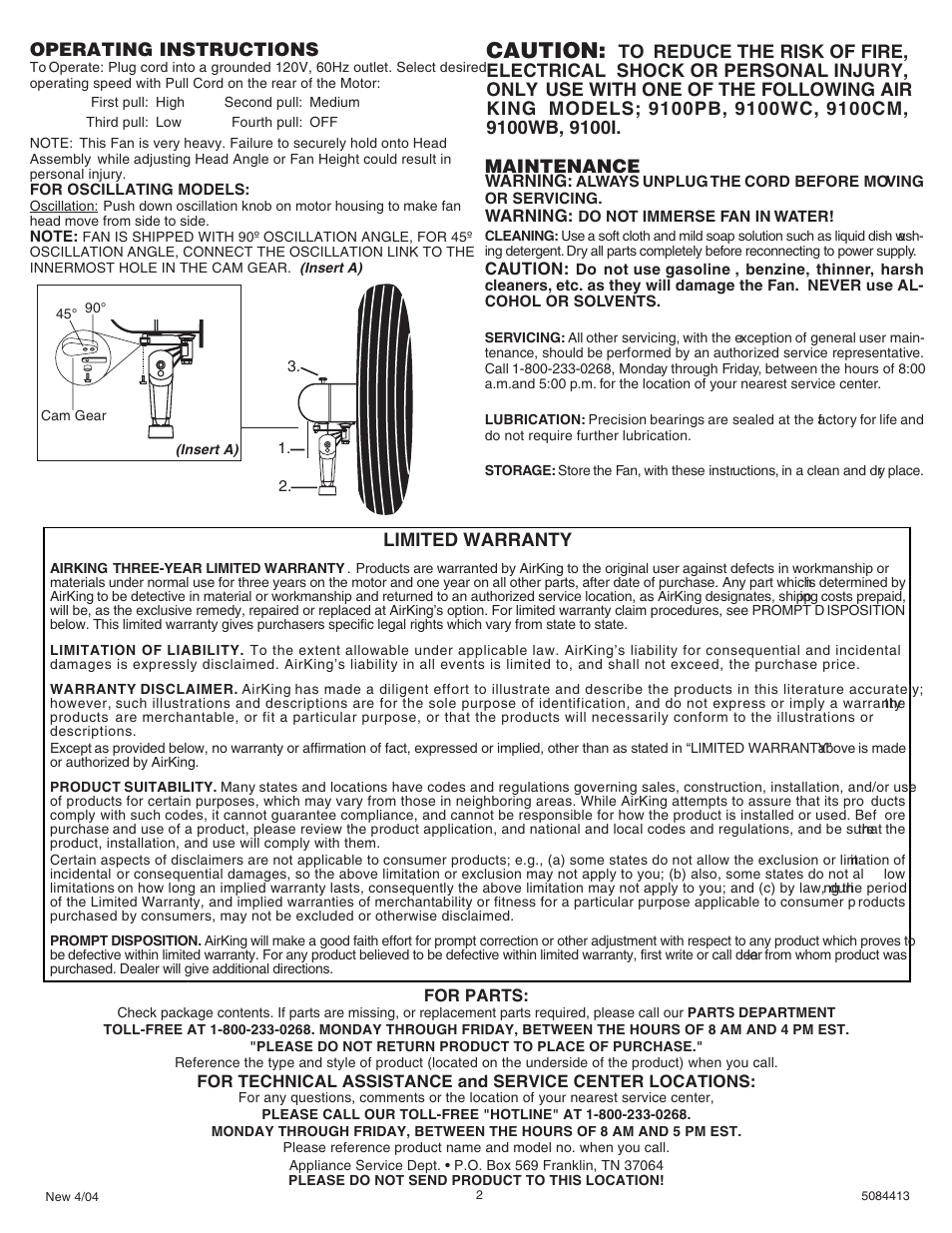 Caution | Air King 9174H User Manual | Page 2 / 2