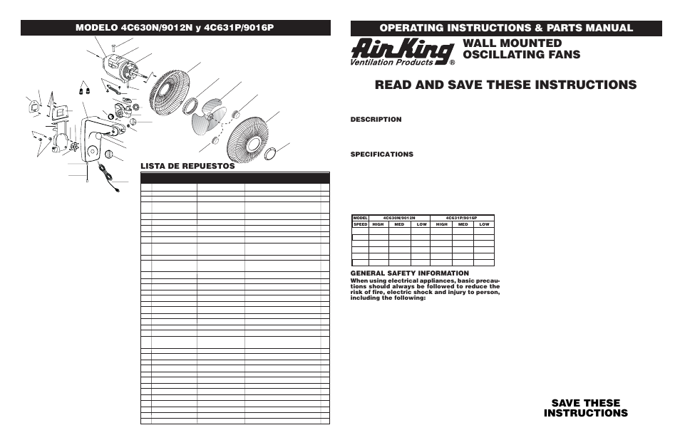 Air King 4C631P/9016P User Manual | 4 pages