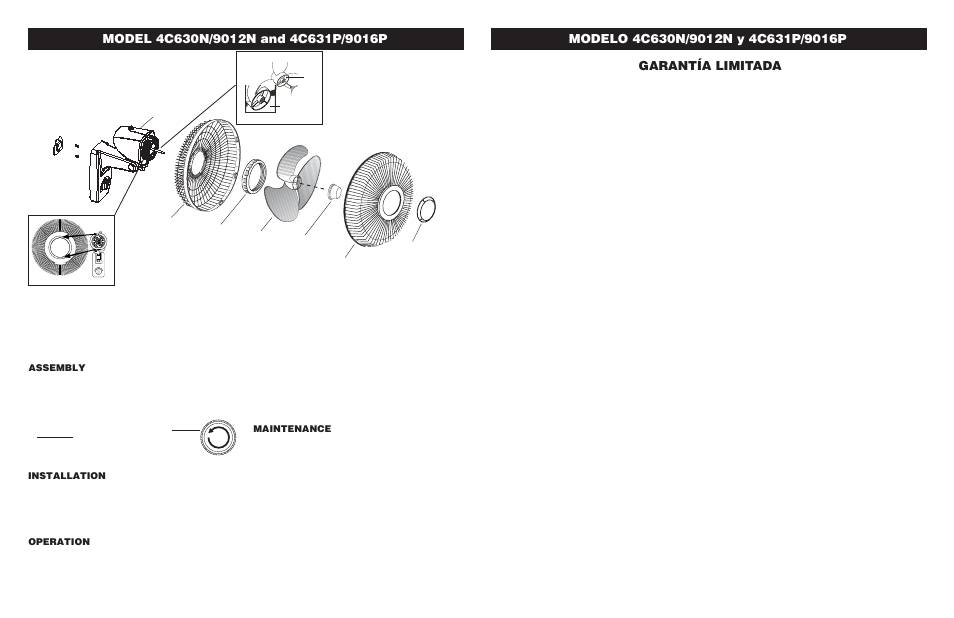 Garantía limitada, Assembly, Installation | Operation, Maintenance | Air King 4C631P/9016P User Manual | Page 2 / 4