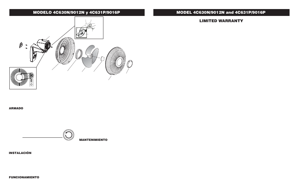 Limited warranty, Instalación, Armado | Funcionamiento, Mantenimiento | Air King 4C631P/9016P User Manual | Page 4 / 4