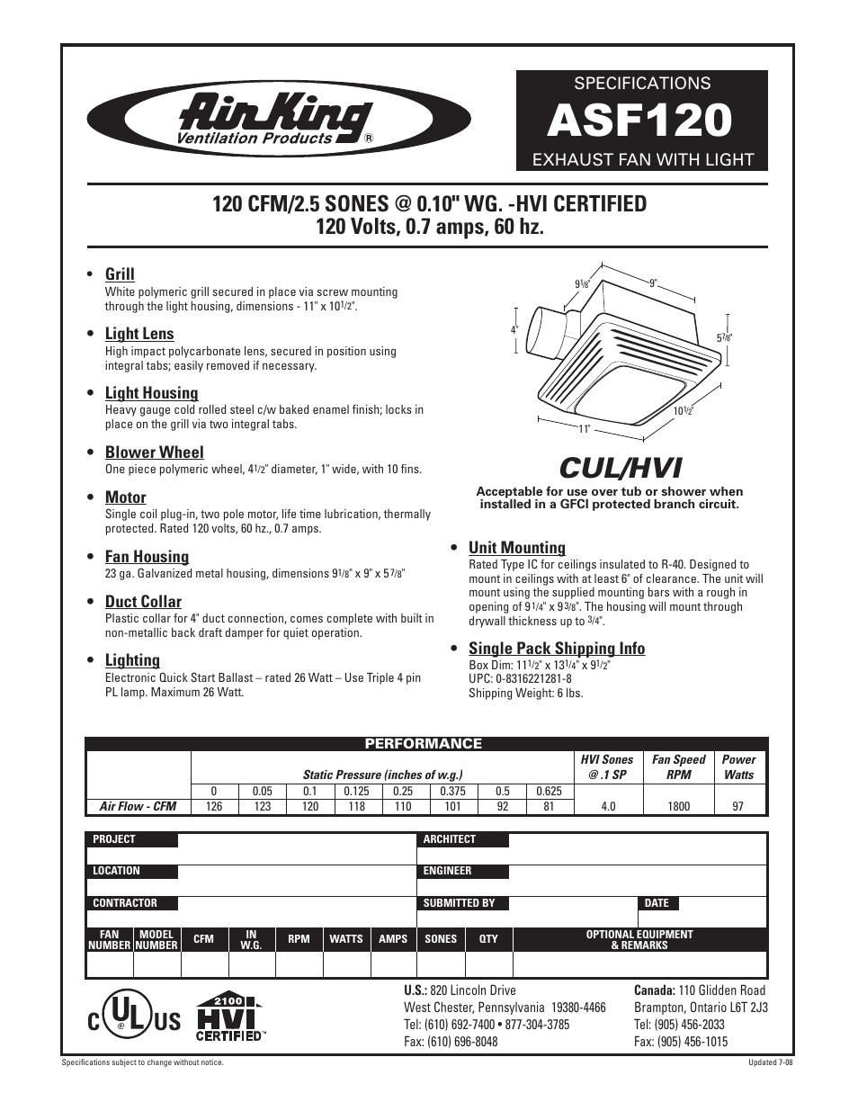 Air King EXHAUST FAN WITH LIGHT ASF120 User Manual | 1 page