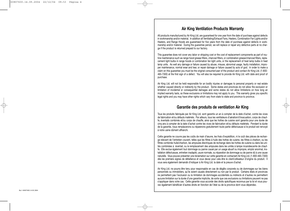 Air king ventilation products warranty, Garantie des produits de ventilation air king | Air King GRAN30SS User Manual | Page 2 / 6