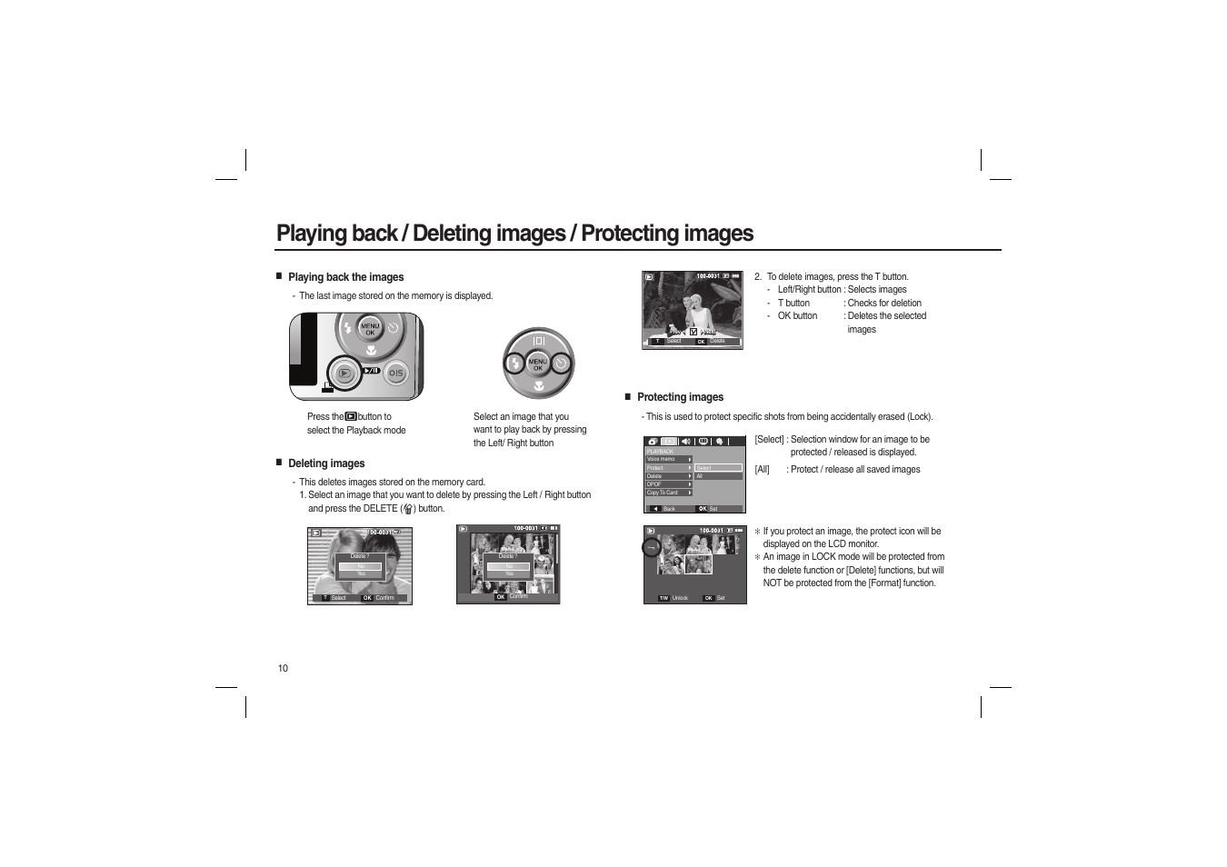 Playing back / deleting images / protecting images | Samsung L210 User Manual | Page 11 / 98