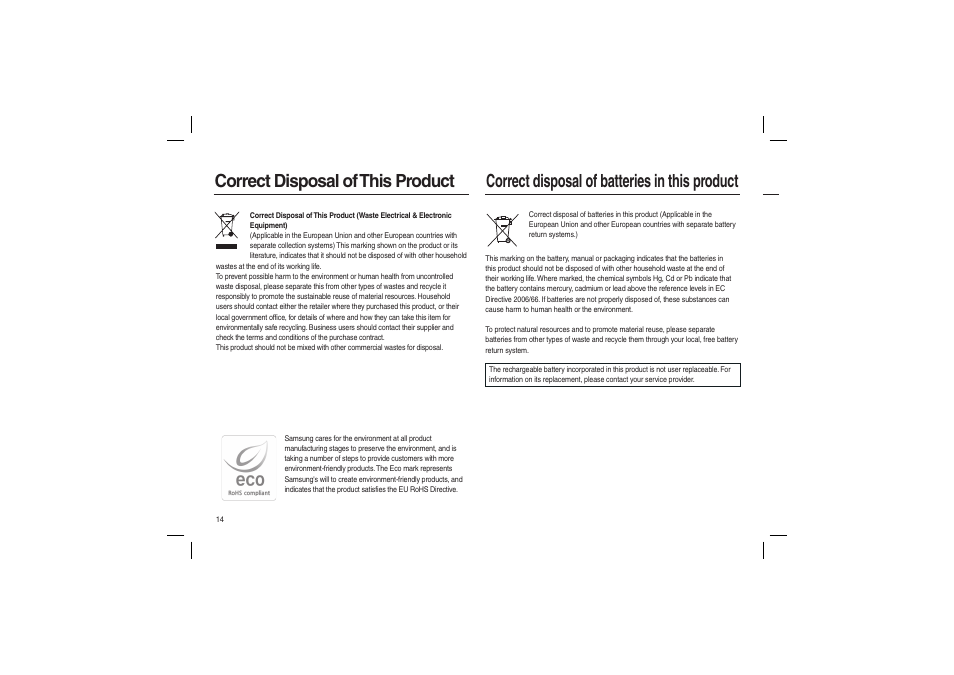 Correct disposal of this product, Correct disposal of batteries in this product | Samsung L210 User Manual | Page 15 / 98