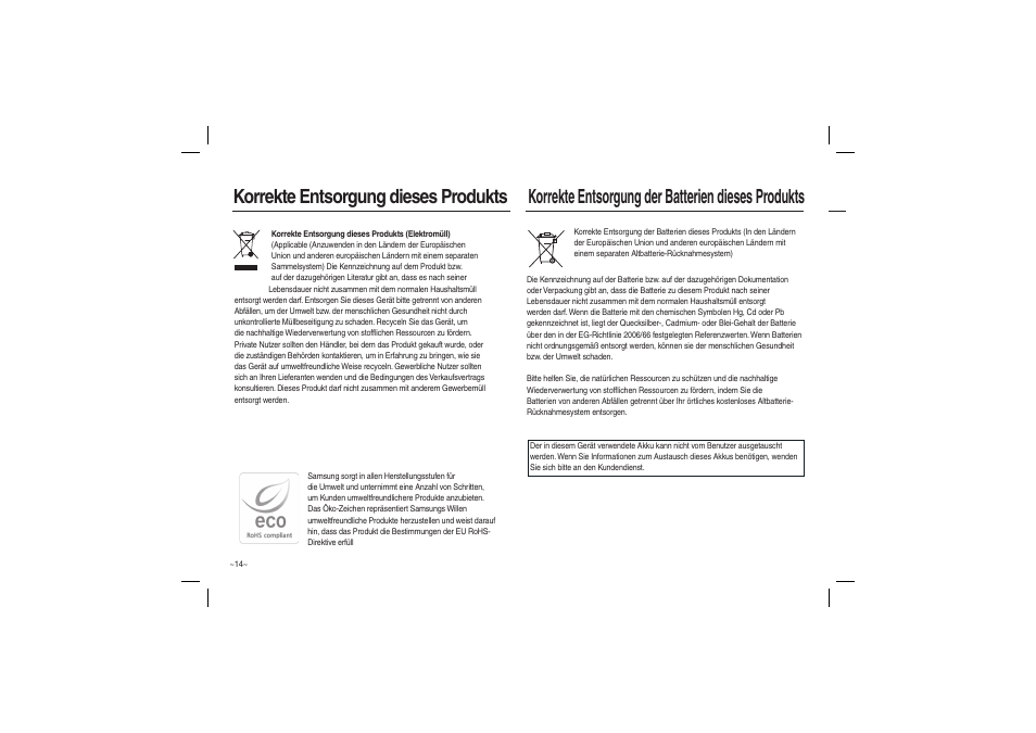 Korrekte entsorgung dieses produkts, Korrekte entsorgung der batterien dieses produkts | Samsung L210 User Manual | Page 31 / 98