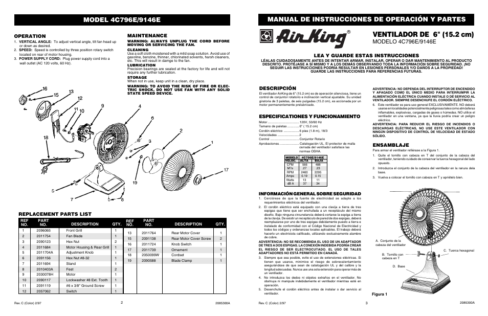 Ventilador de 6" (15.2 cm), Manual de instrucciones de operación y partes, Operation | Maintenance, Replacement parts list, Descripción, Lea y guarde estas instrucciones, Ensamblaje, Especificationes y funcionamiento | Air King 9146E User Manual | Page 2 / 2