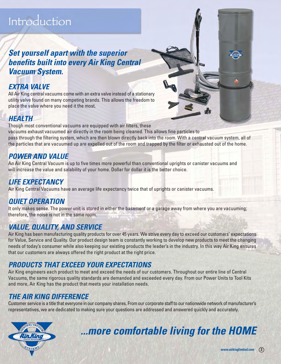 More comfortable living for the home, Extra valve, Health | Power and value, Life expectancy, Quiet operation, Value, quality, and service, Products that exceed your expectations, The air king difference | Air King CVCK1535 User Manual | Page 2 / 12