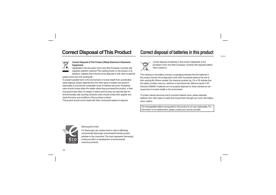 Correct disposal of this product, Correct disposal of batteries in this product | Samsung M110 User Manual | Page 15 / 98