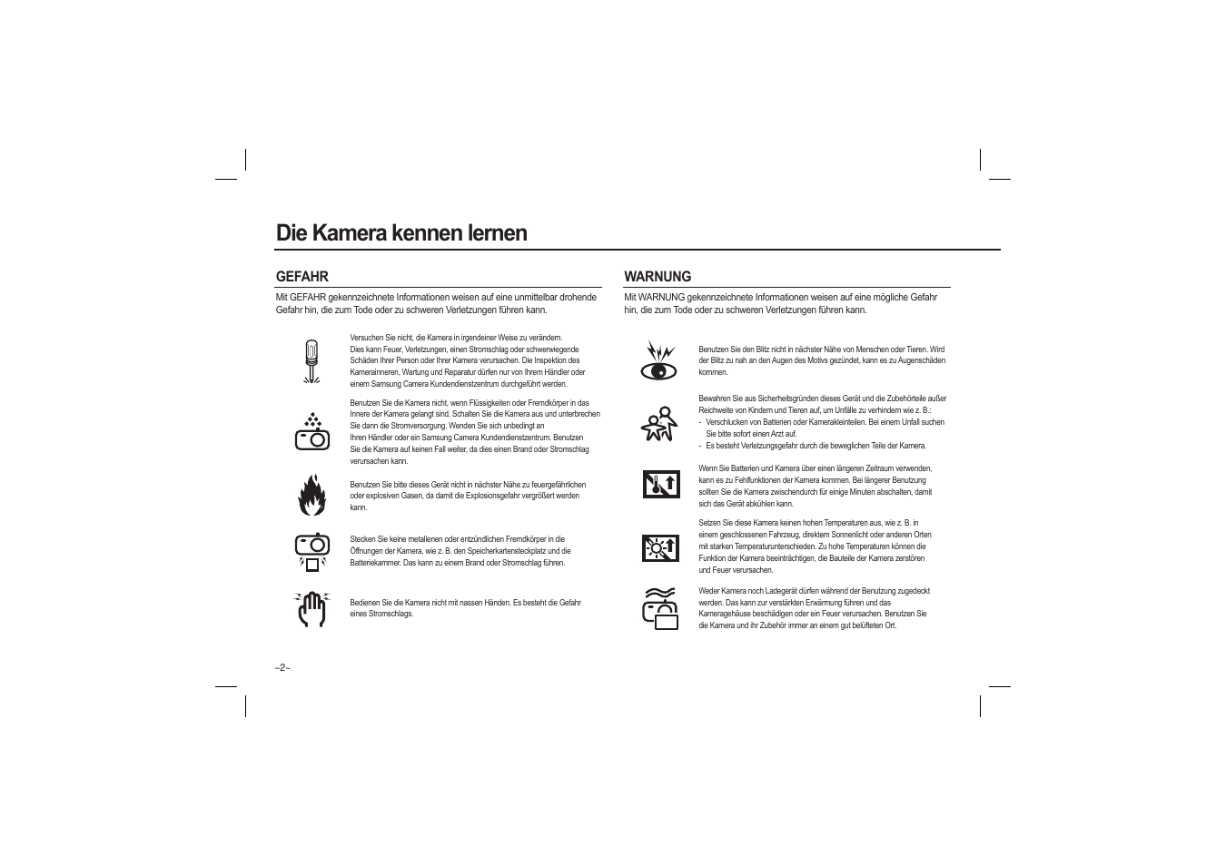 Die kamera kennen lernen, Gefahr warnung | Samsung M110 User Manual | Page 19 / 98