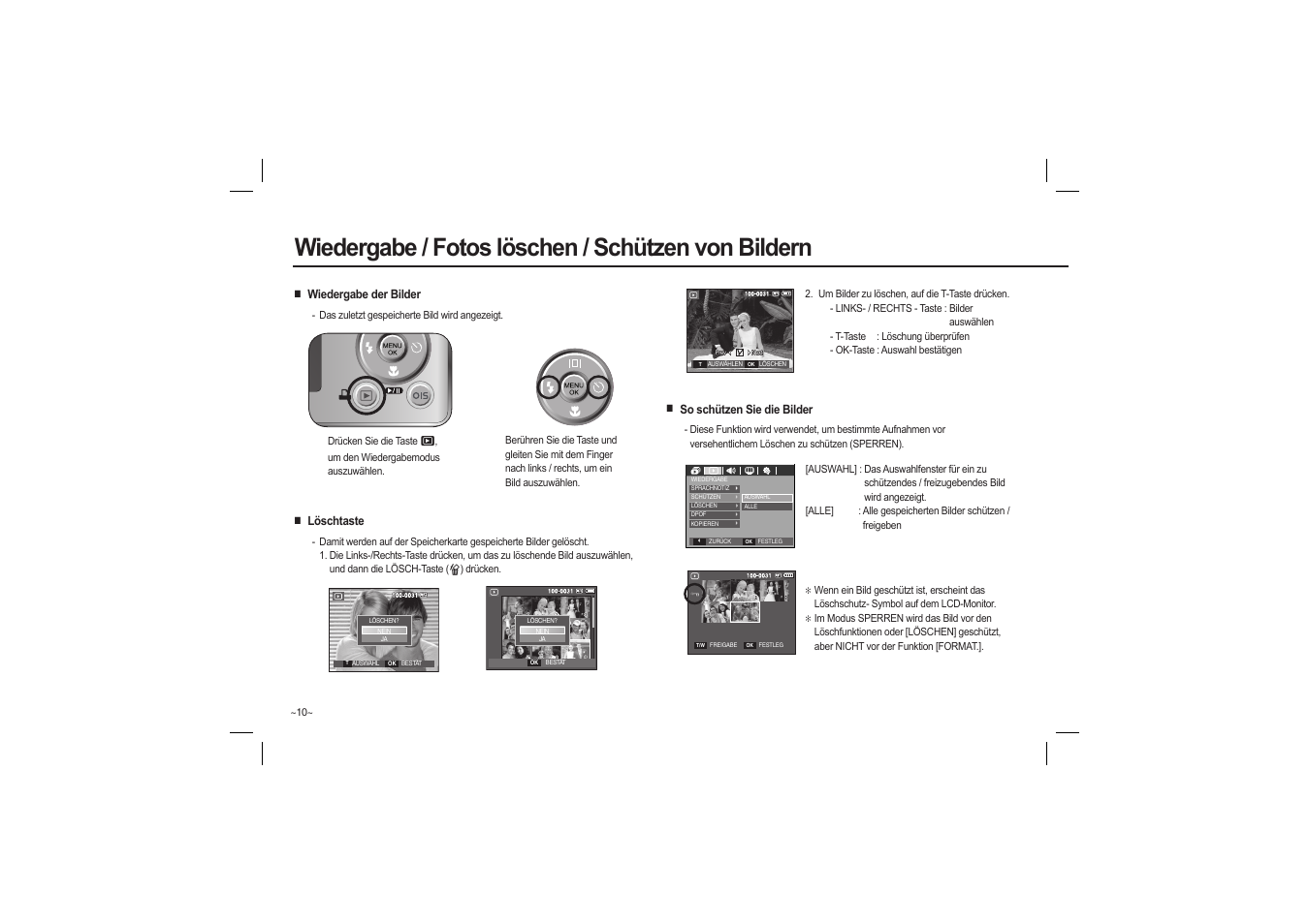 Wiedergabe / fotos löschen / schützen von bildern | Samsung M110 User Manual | Page 27 / 98