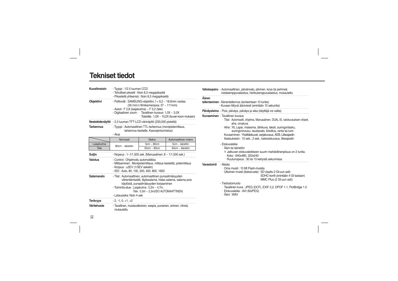 Tekniset tiedot | Samsung M110 User Manual | Page 45 / 98