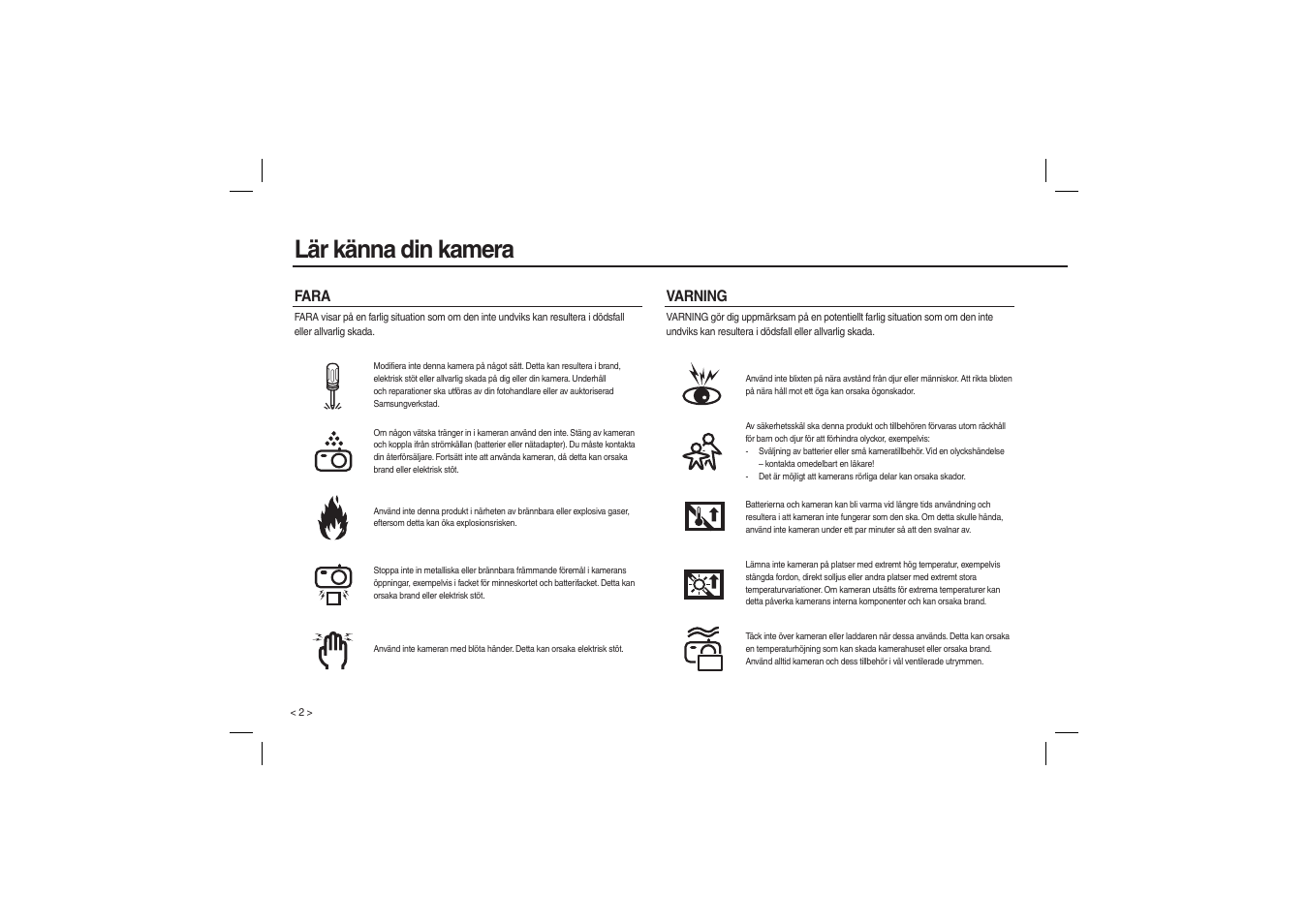 Lär känna din kamera, Fara varning | Samsung M110 User Manual | Page 51 / 98
