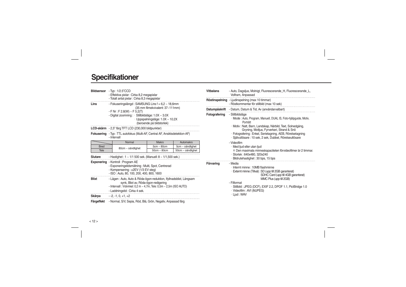 Specifikationer | Samsung M110 User Manual | Page 61 / 98