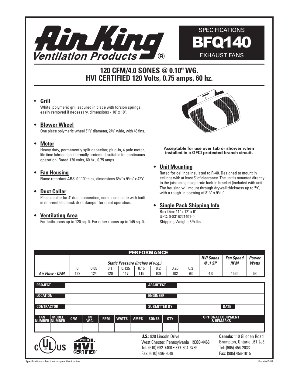 Air King EXHAUST FANS BFQ140 User Manual | 1 page