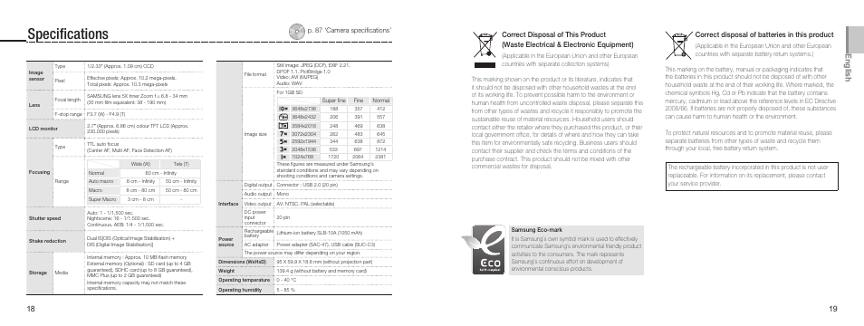 Speciﬁcations, English | Samsung NV9 User Manual | Page 10 / 82