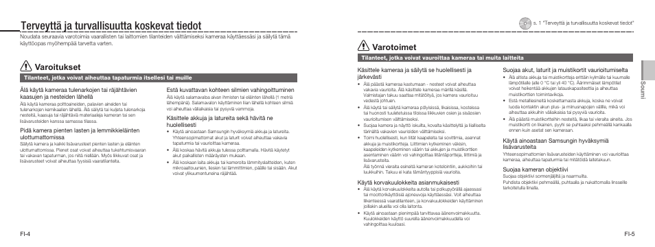 Terveyttä ja turvallisuutta koskevat tiedot, Varoitukset, Varotoimet | Samsung NV9 User Manual | Page 21 / 82
