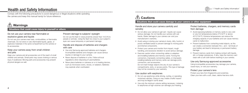 Health and safety information, Warnings, Cautions | Samsung NV9 User Manual | Page 3 / 82