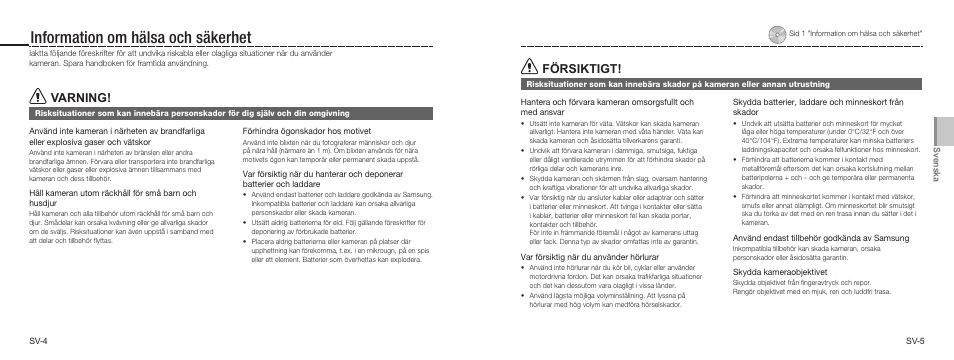 Information om hälsa och säkerhet, Varning, Försiktigt | Samsung NV9 User Manual | Page 30 / 82