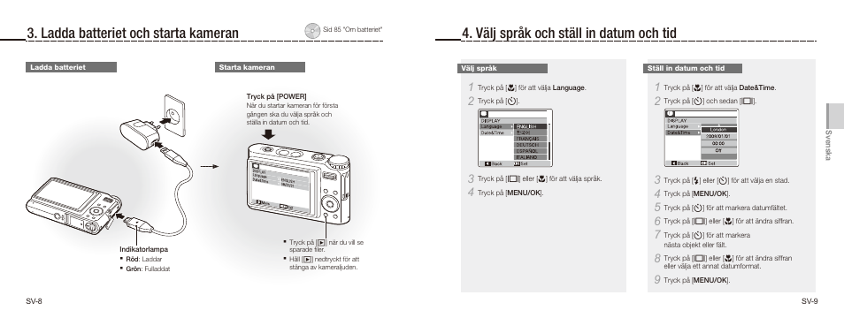 Ladda batteriet och starta kameran, Välj språk och ställ in datum och tid | Samsung NV9 User Manual | Page 32 / 82
