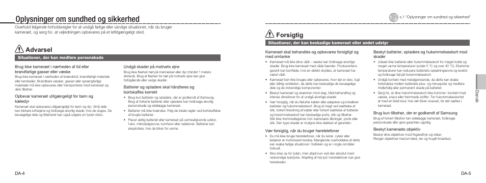 Oplysninger om sundhed og sikkerhed, Advarsel, Forsigtig | Samsung NV9 User Manual | Page 39 / 82