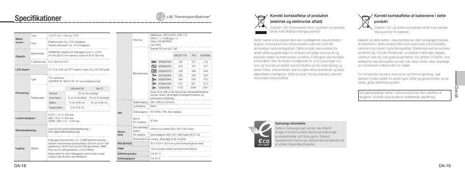 Speciﬁkationer, Dansk, Da-18 da-19 | Samsung NV9 User Manual | Page 46 / 82