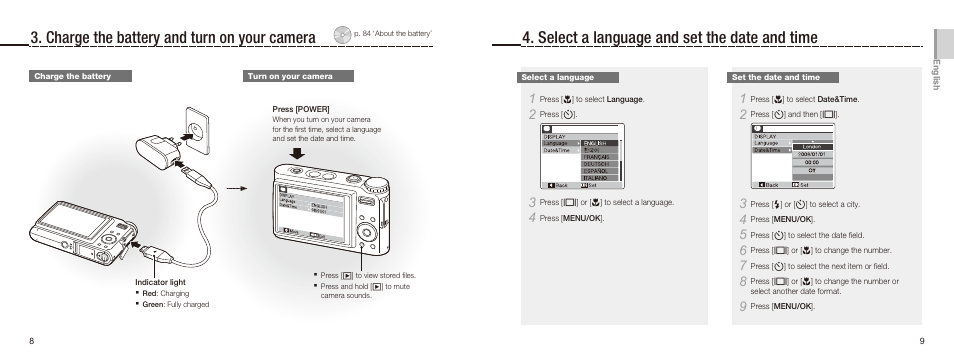 Charge the battery and turn on your camera, Select a language and set the date and time | Samsung NV9 User Manual | Page 5 / 82