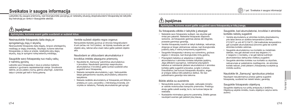 Sveikatos ir saugos informacija, Įspėjimai, Įspėjimas | Samsung NV9 User Manual | Page 66 / 82