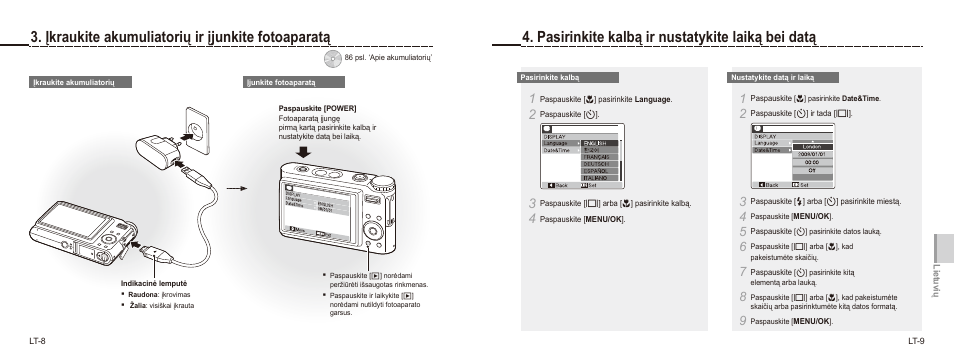Įkraukite akumuliatorių ir įjunkite fotoaparatą, Pasirinkite kalbą ir nustatykite laiką bei datą | Samsung NV9 User Manual | Page 68 / 82