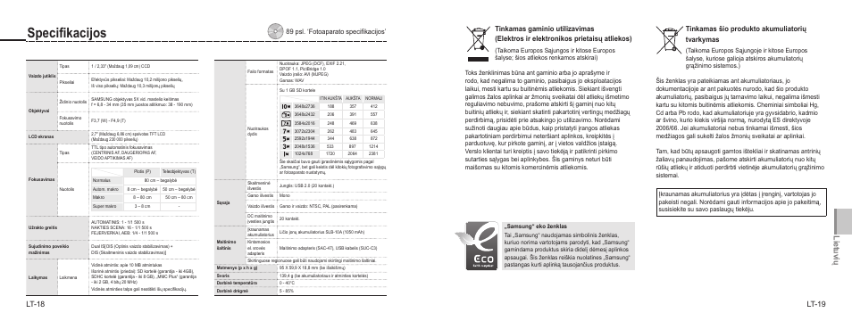 Specifikacijos, Lietuvi ų, Lt-18 lt-19 | Tinkamas šio produkto akumuliatorių tvarkymas | Samsung NV9 User Manual | Page 73 / 82