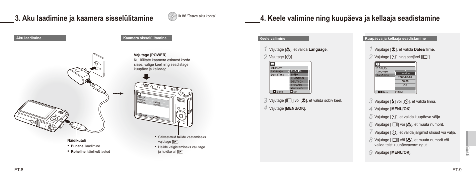 Aku laadimine ja kaamera sisselülitamine | Samsung NV9 User Manual | Page 77 / 82