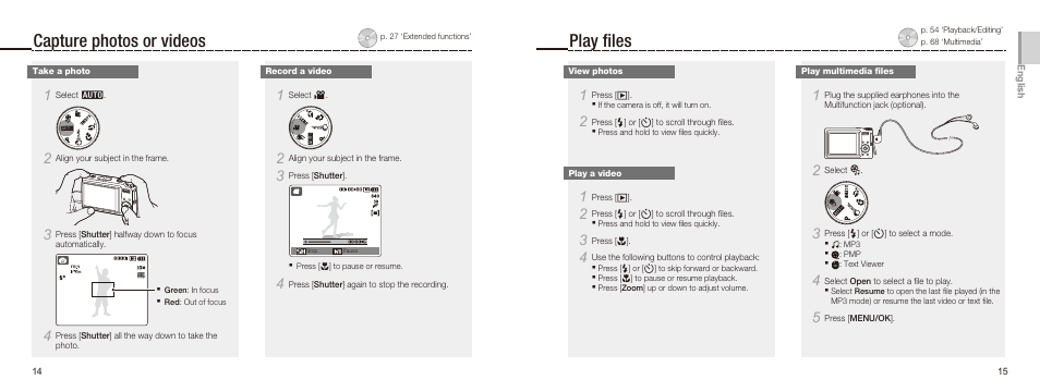 Capture photos or videos play ﬁles | Samsung NV9 User Manual | Page 8 / 82
