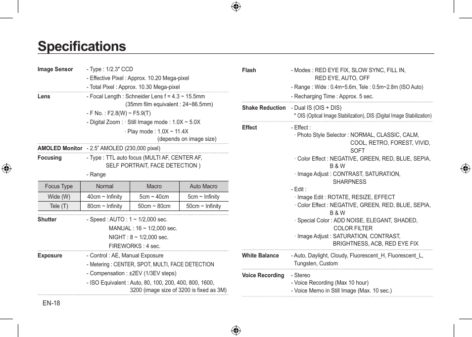 Speciﬁcations | Samsung NV24 HD User Manual | Page 18 / 124