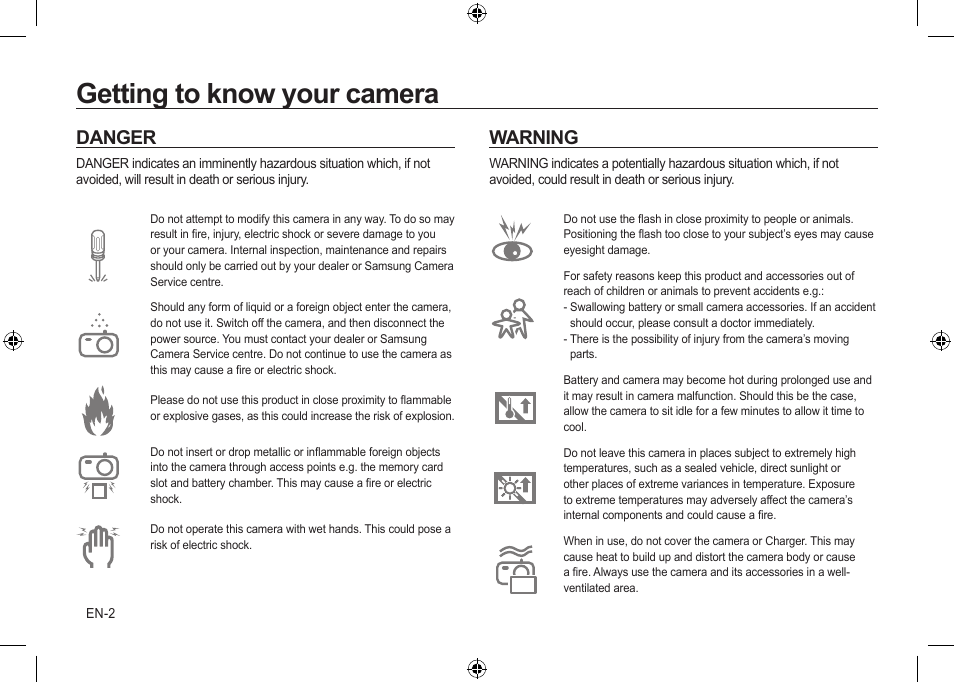 Getting to know your camera, Danger, Warning | Samsung NV24 HD User Manual | Page 2 / 124