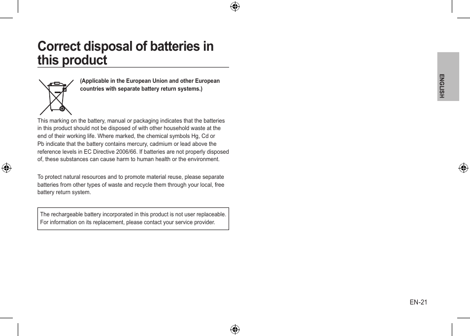 Correct disposal of batteries in this product | Samsung NV24 HD User Manual | Page 21 / 124