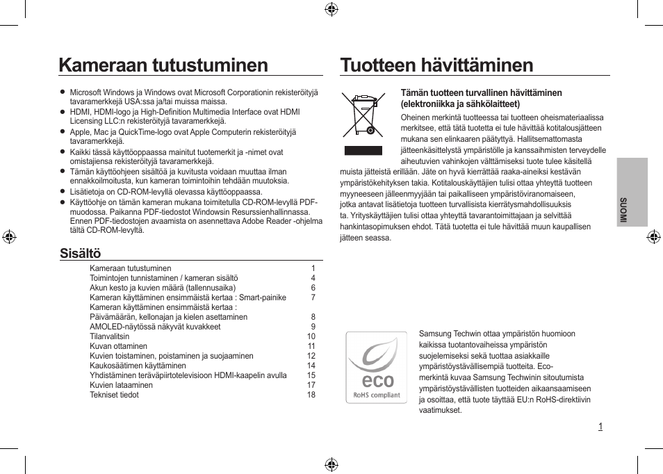 Kameraan tutustuminen, Tuotteen hävittäminen, Sisältö | Samsung NV24 HD User Manual | Page 43 / 124