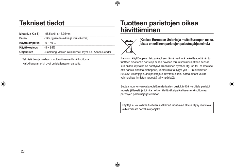 Tekniset tiedot, Tuotteen paristojen oikea hävittäminen | Samsung NV24 HD User Manual | Page 62 / 124