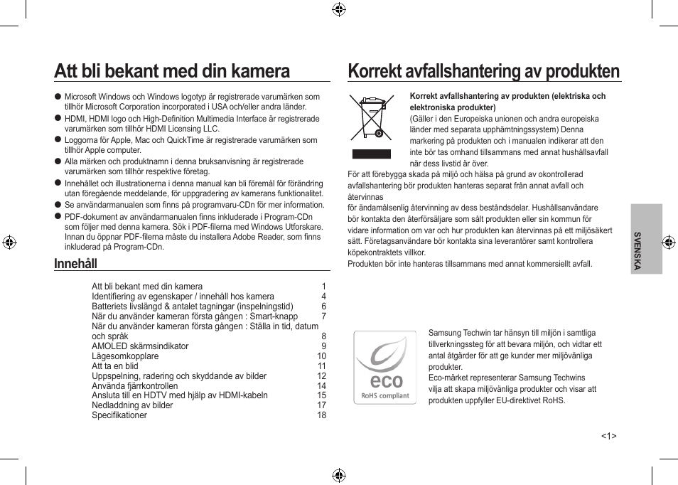 Att bli bekant med din kamera, Korrekt avfallshantering av produkten, Innehåll | Samsung NV24 HD User Manual | Page 63 / 124