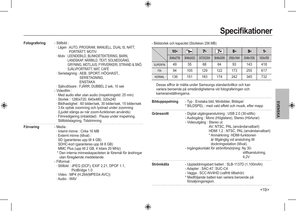 Speciﬁkationer | Samsung NV24 HD User Manual | Page 81 / 124