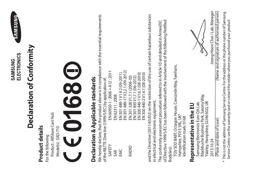 Declar ation of c onf ormit y | Samsung EAD-T10 User Manual | Page 13 / 82
