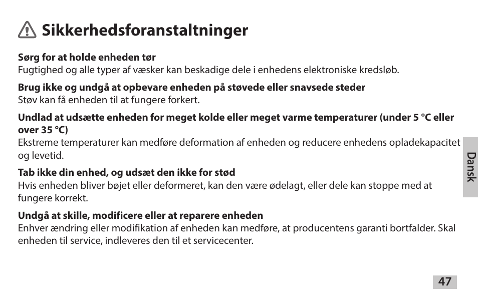 Dansk, Sikkerhedsforanstaltninger | Samsung EAD-T10 User Manual | Page 49 / 82