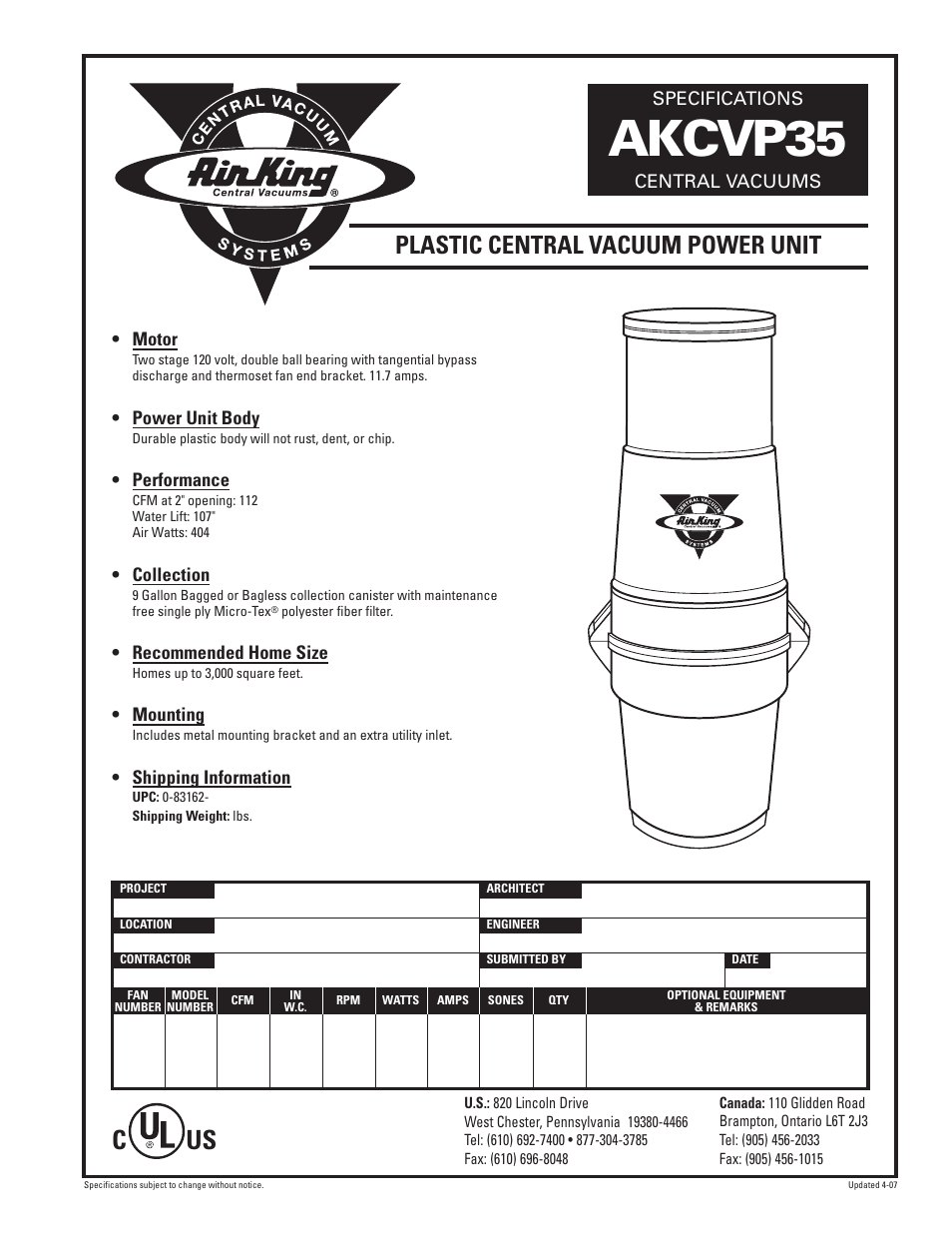 Air King AKCVP35 User Manual | 1 page